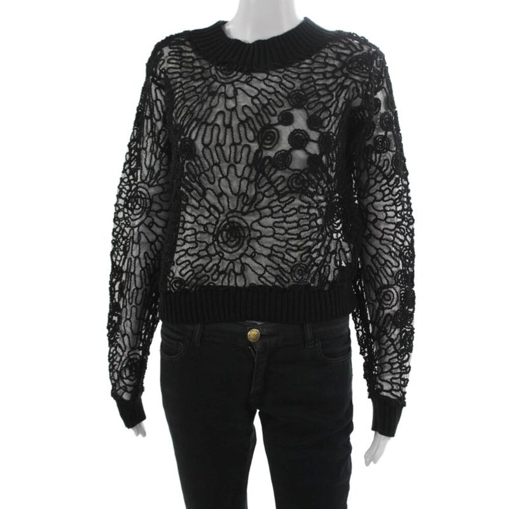 Beulah Women Pullover Sweater Black Floral High Neck Long Sleeve Size S
